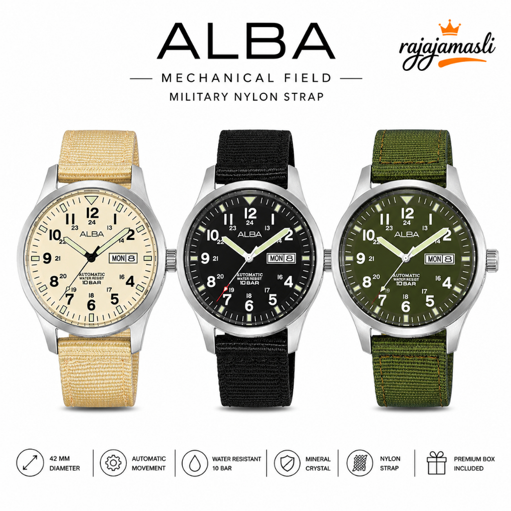 Alba Mechanical Field Military AL4217X1 AL4221X1 AL4223X1 Jam Tangan Pria Automatic Nylon Strap