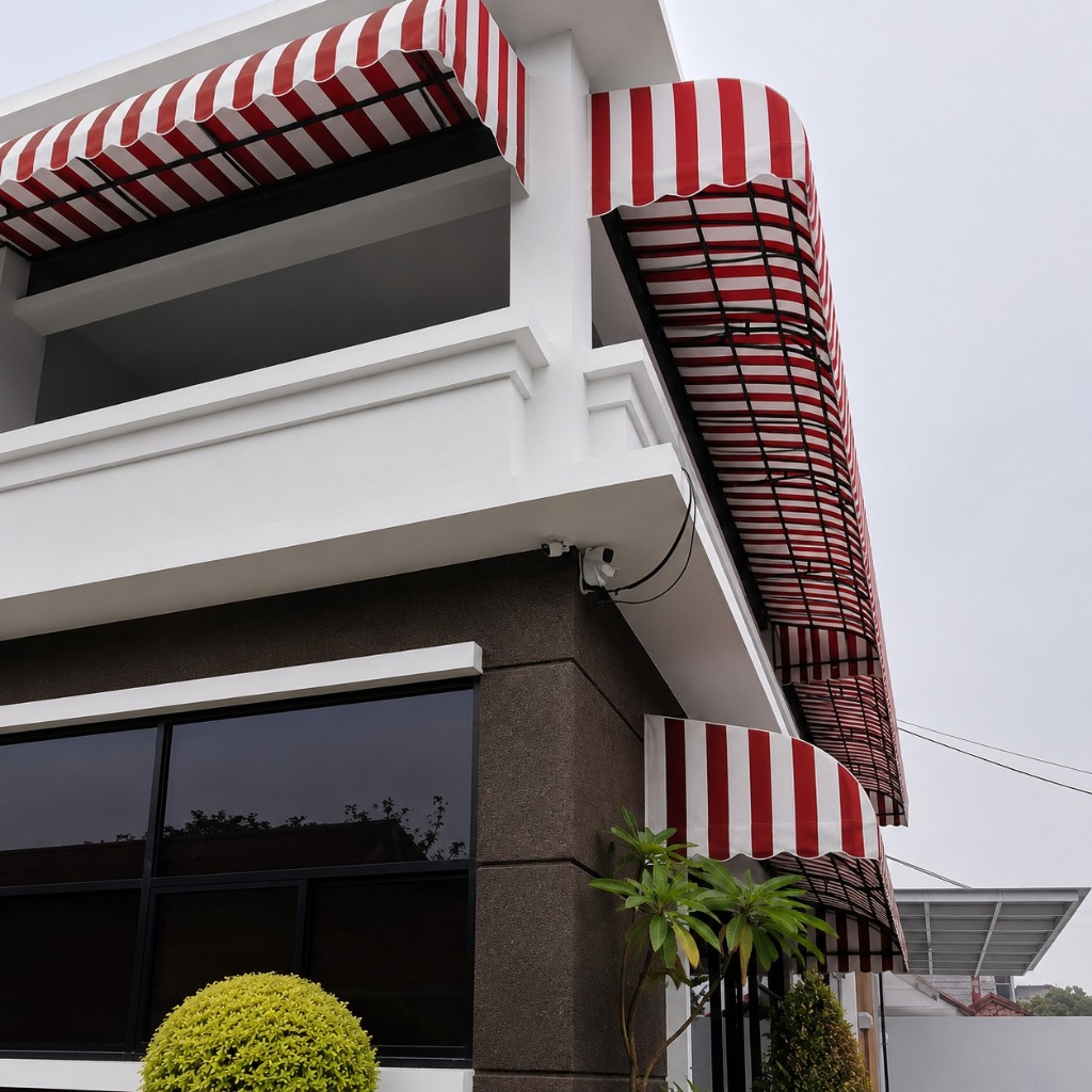 kanopi kain salur garis merah pitih