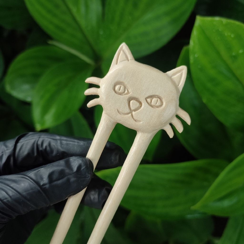 Tusuk konde handmade Jepit Rambut estetik motif kucing Hiasan Rambut Dari kayu hair pin Hair stick H