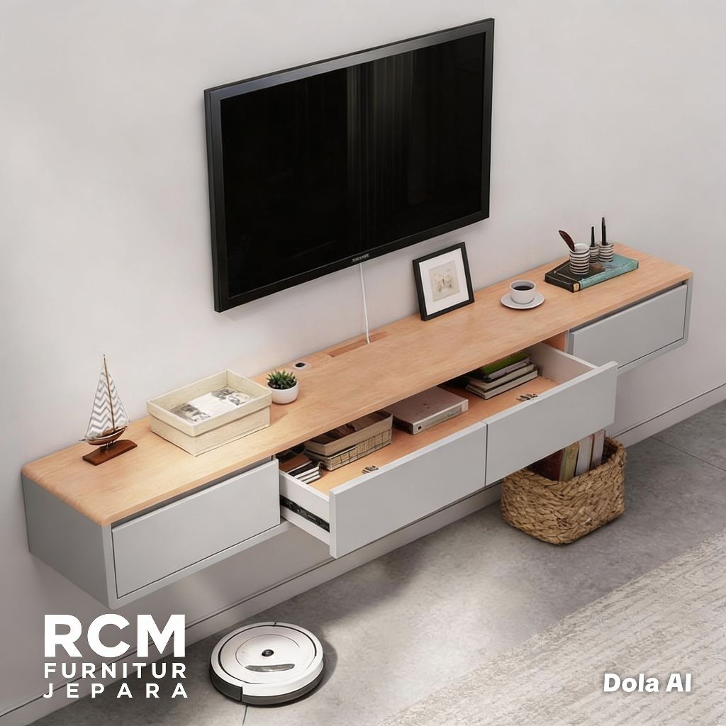 Meja TV Gantung Minimalis Kayu Mahoni Solid Natural Pintu Putih