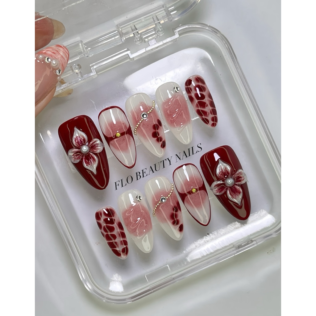PRESS ON NAILS ,3d flower maroon, fake nails warna maroon, nails korean desain, custom nails, free l