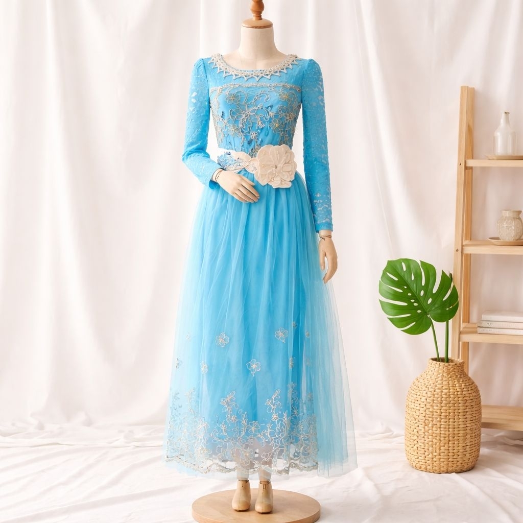 Dress Brukat Tile Mutiara Remaja Dewasa Gaun Pesta Kondangan Biru Muda Premium