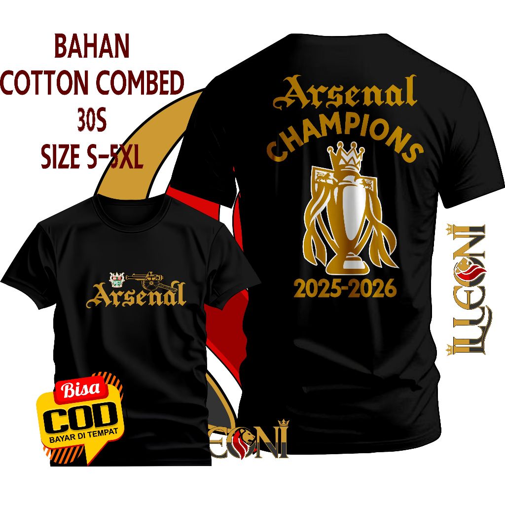 KAOS ARSENAL CHAMPIONS BPL DB BIG SIZE (S-5XL) KAOS ARSENAL JUARA LIGA INGGRIS 2026 | KAOS THE GUNNE
