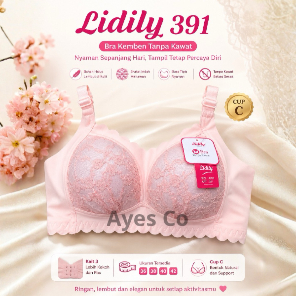 Bra Lidily Kemben 391 / Bh Wanita Fashion Kait 3 Tanpa Kawat / Bh Lidily Busa Sedang Cup C Besar