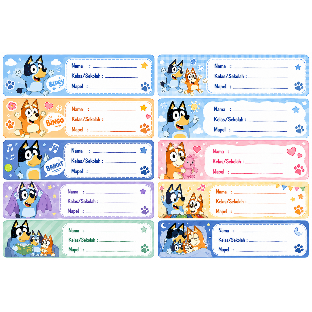 Stiker Label Buku Bluey Waterproof Isi 30 pcs | Nama Buku Sekolah Anak Lucu Anti Air