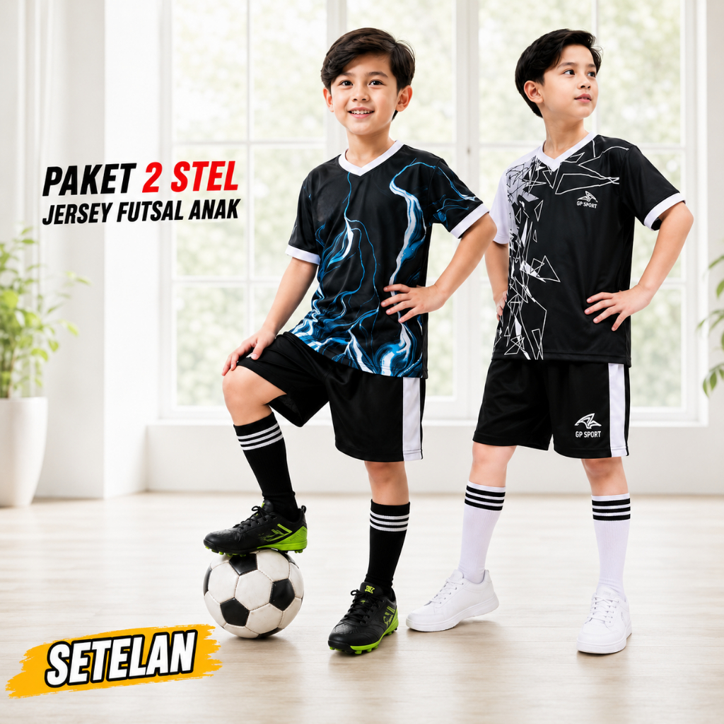 GP SPORT Paket 2 Pcs Setelan Jersey Futsal Anak Baju Bola Laki Laki Umur 5-12 Tahun Set Olahraga