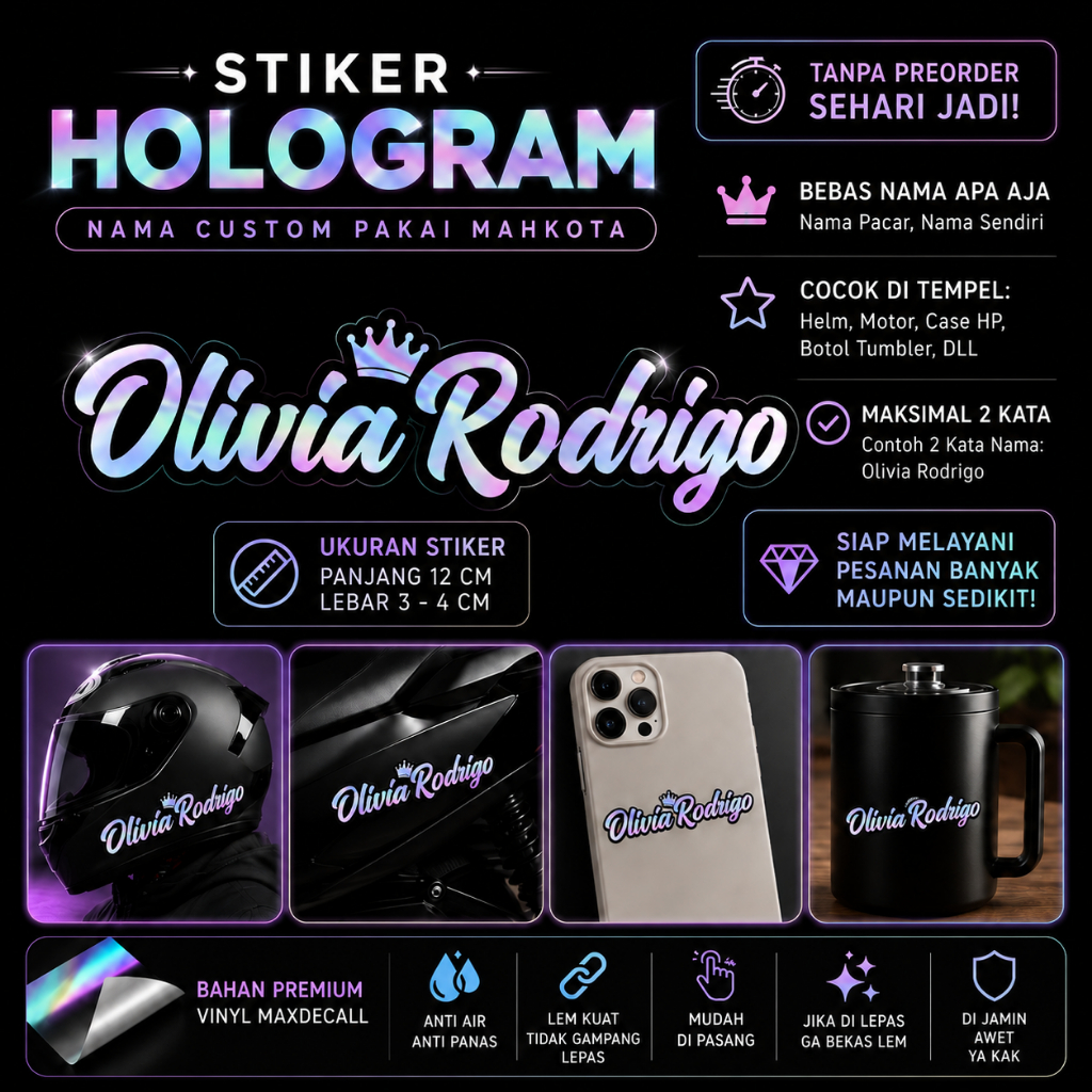 Sticker Hologram Premium Custom Nama Logo Tulisan untuk Helm Motor Laptop Waterproof