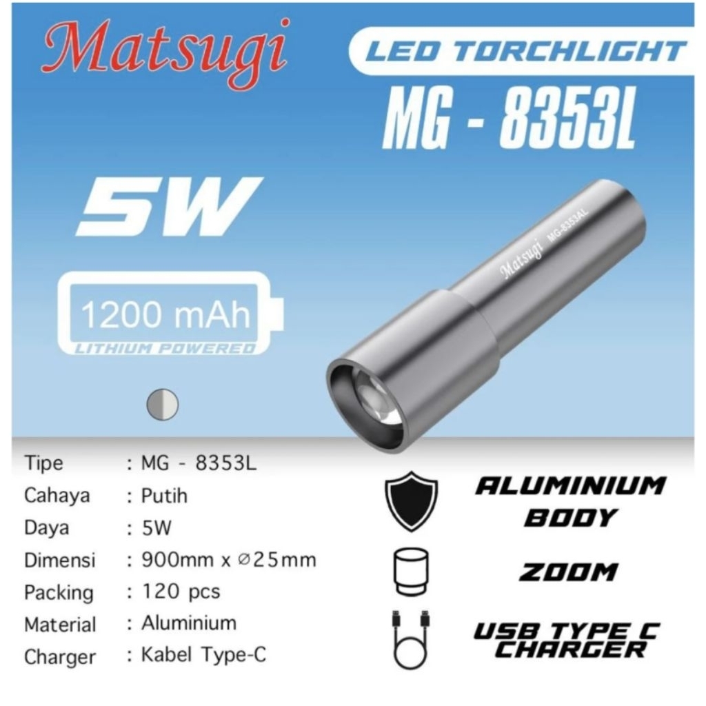 MATSUGI SENTER ZOOM Senter LED Torchlight MG-8353L 5W 1200mAh Aluminium Body Zoom USB Type C Charger