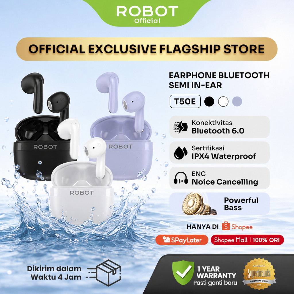 ROBOT TWS Wireless Earphone Airbuds New T50E Original Bluetooth 6.0 True Wireless Headset Bluetooth Earbuds IPX4 Waterproof – Garansi 1 Tahun