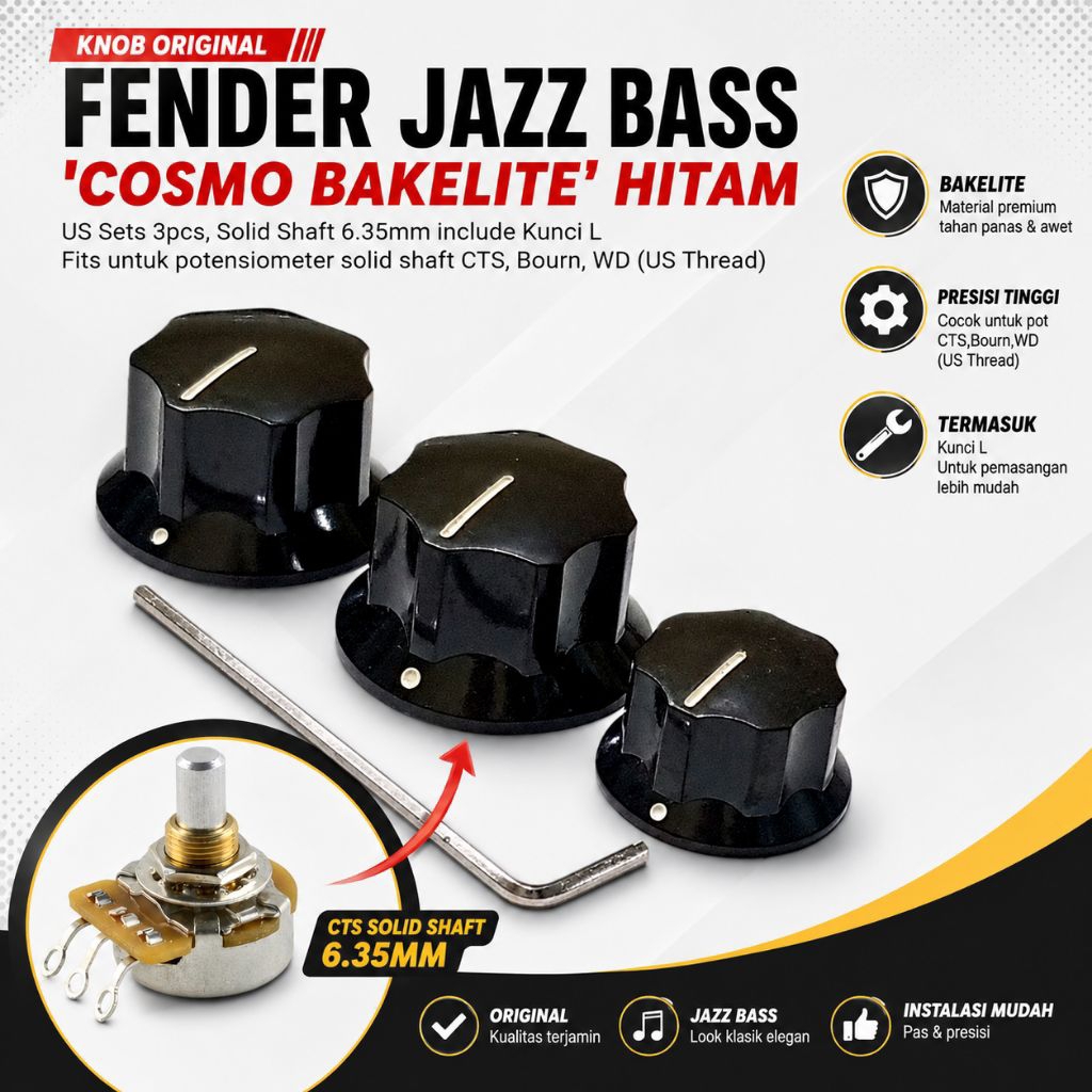 Knob Original Fender Jazz Bass US Cosmo Bakelite Solid Shaft 6.35mm Hitam