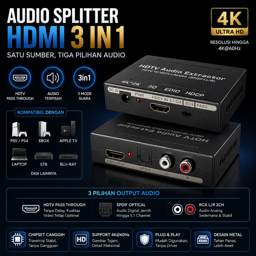 Audio Splitter HDMI to HDMI Optical SPDIF RCA L/R Converter 5.1 Ch Adaptor Audio Ekstraktor 4K HDMI 