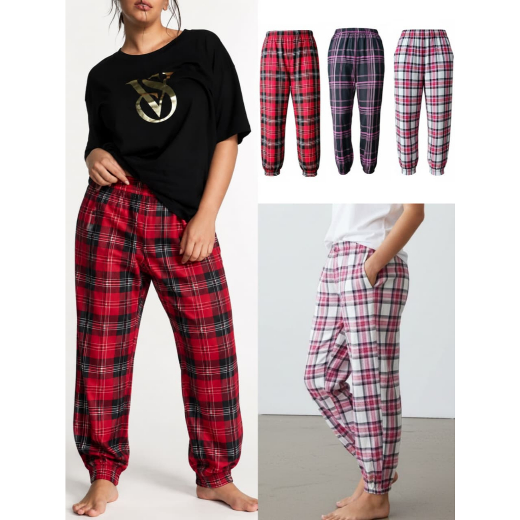 Jogger Pajamas Pants Wanita Kotak-Kotak Plaid Celana Tidur Katun Halus Adem - 2195