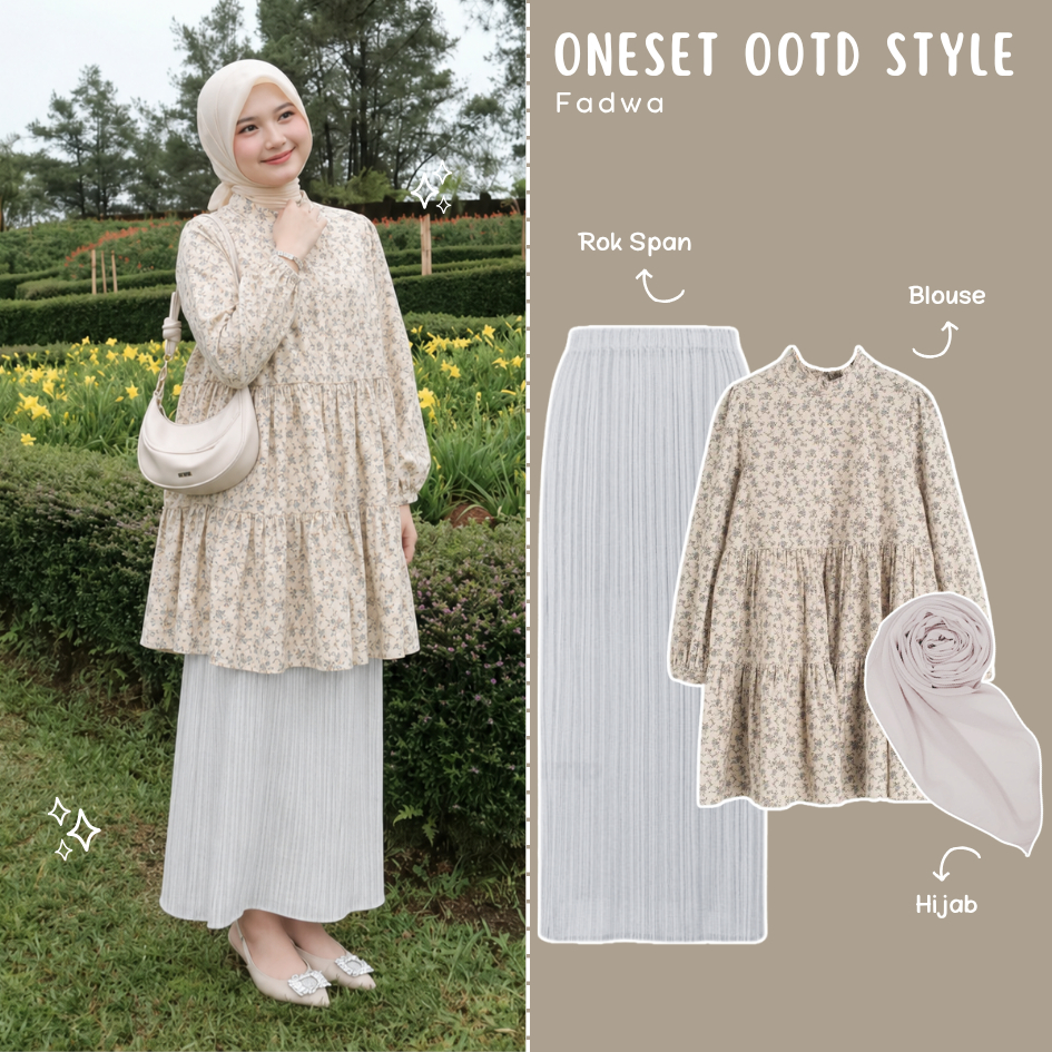 Fadwa Outfit Set Hijab Wanita Kekinian ( Blouse Floral + Rok Span Plisket + Hijab Segiempat ) Setela