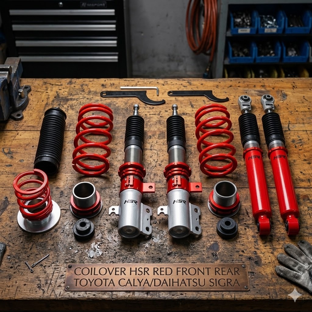 COILOVER HSR RED FRONT REAR TOYOTA CALYA/DAIHATSU SIGRA SEPAKET DEPAN BELAKANG SPERPART MOBIL
