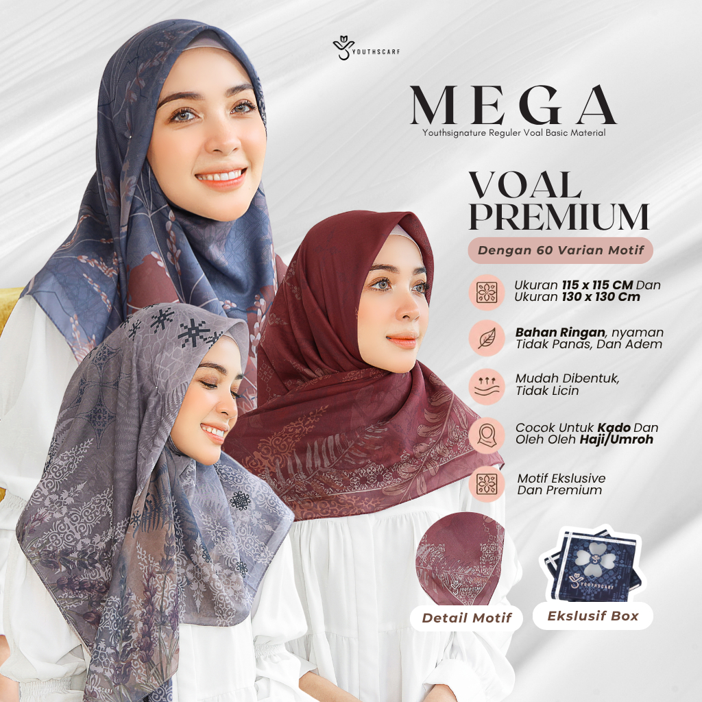 YOUTHSCARF - Hijab Printing Segi empat - Mega Series - Voal signature - Kerudung motif premium - uku
