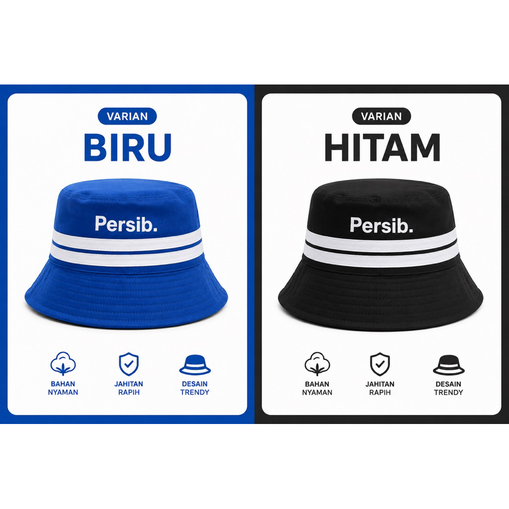 Topi Bucket Hat Persib Dewasa | Topi Bob Persib Bandung | Unisex Premium | Hitam Biru