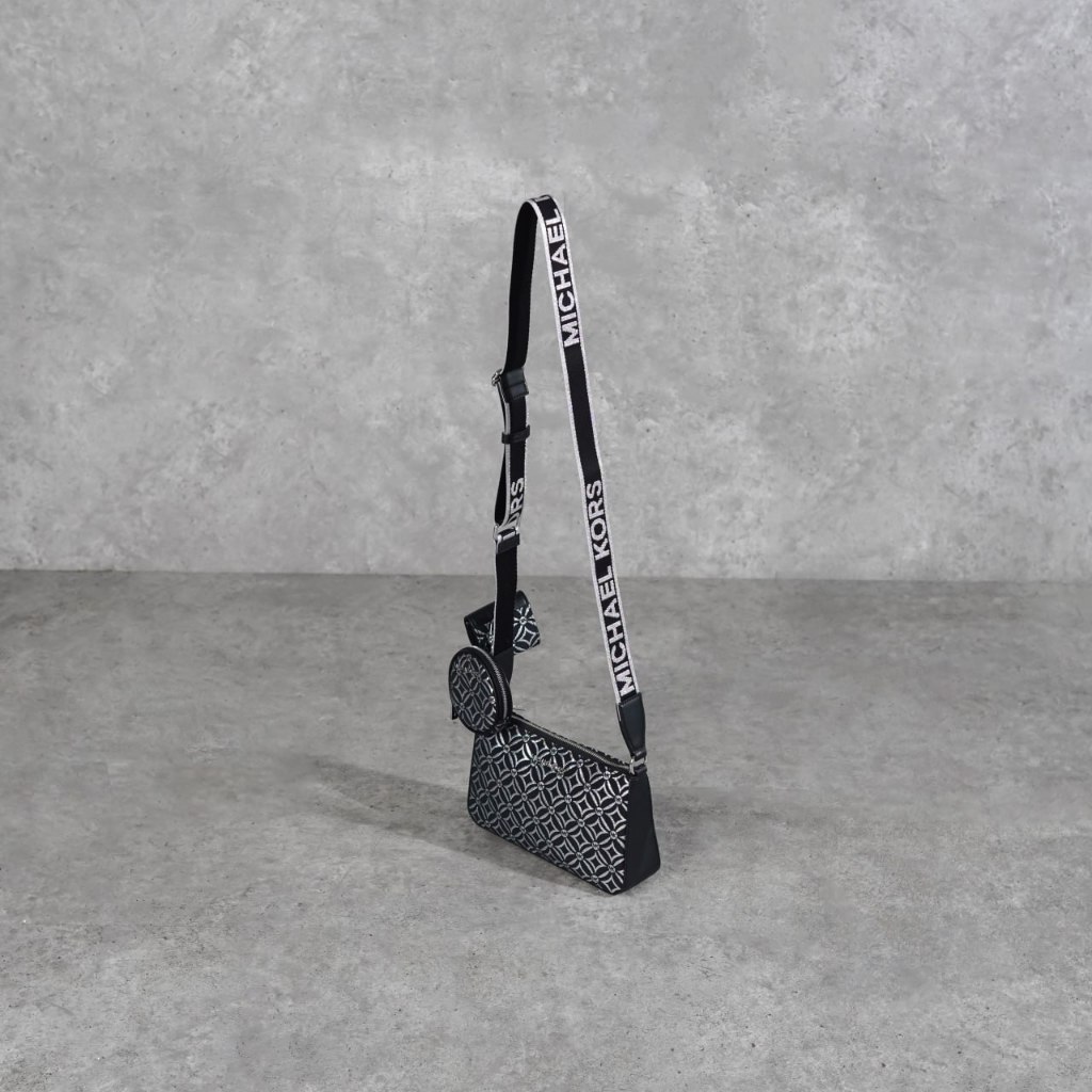 Tas MK PATTERN SILVER BLACK SHOULDER BAG WITH MULTI POUCH 100% ORIGINAL
