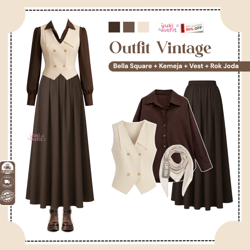 Outfit Vintage Yearbook Remaja (Jilbab, Kemeja, Vest, Rok Joda) 4IN1 Yearbook Vintage Kekinian- N188