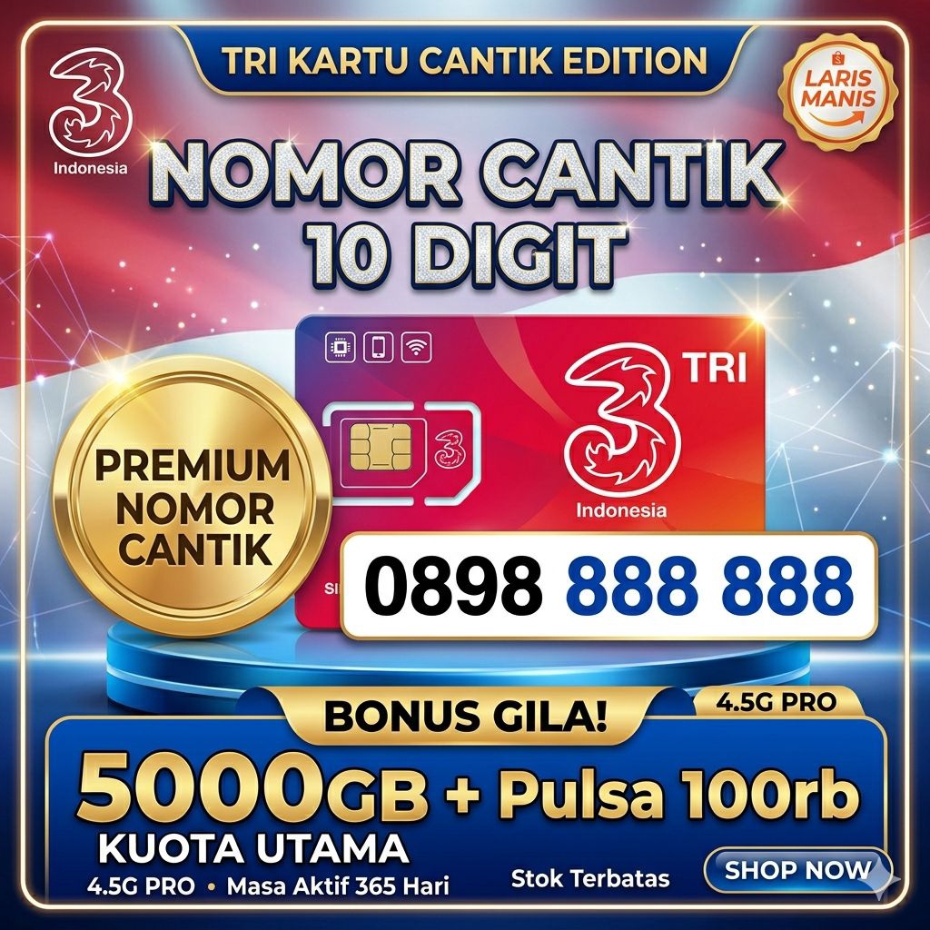 Kartu Perdana TRI Nomor Cantik 10 Digit Bonus Kuota 5000GB + Pulsa 100K Ready