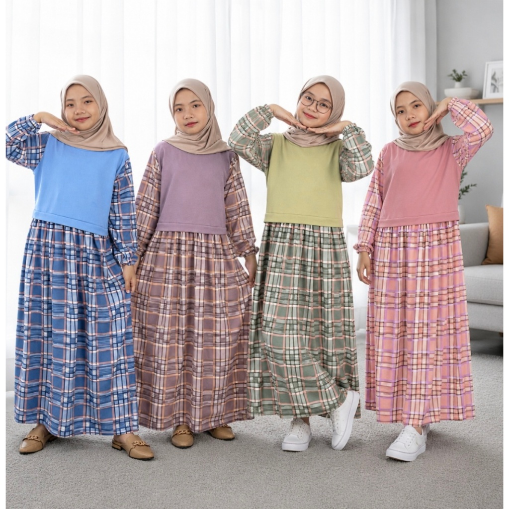GOGOFASHION 834 Gamis Anak Aisyah Bahan Knit Kombinasi Motif Kotak