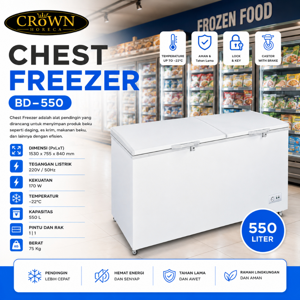 Crown Horeca Chest Freezer BD-550/ BD550/ BD 550 kapasitas  550 Liter