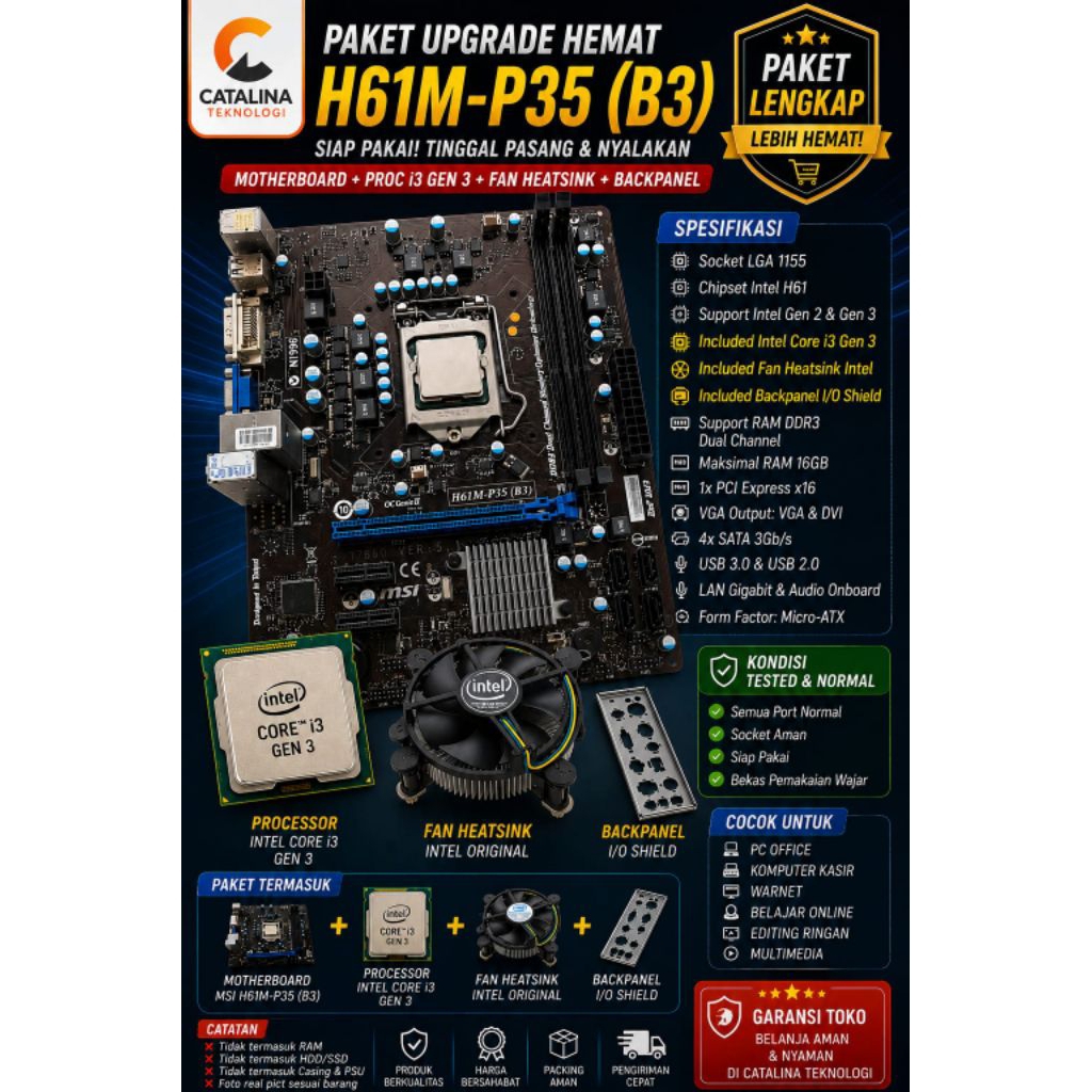 MOTHERBOARD MSI H61M-P35 PROSESOR i3 Gen 3 - Normal siap pakai