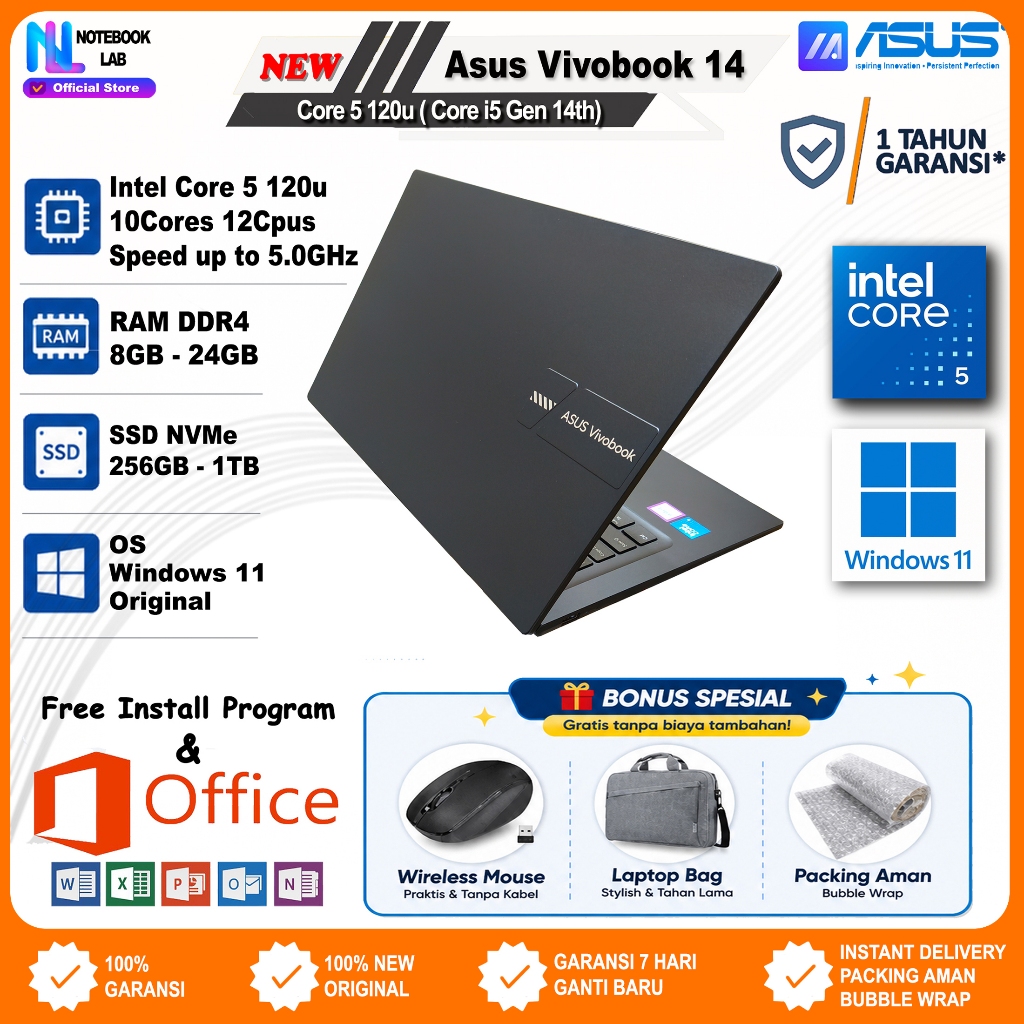 Laptop Asus Vivobook 14 Core i5 Gen 13 1334u | Core 5 120u Gen 14 Windows 11 Ori Garansi 1 Tahun