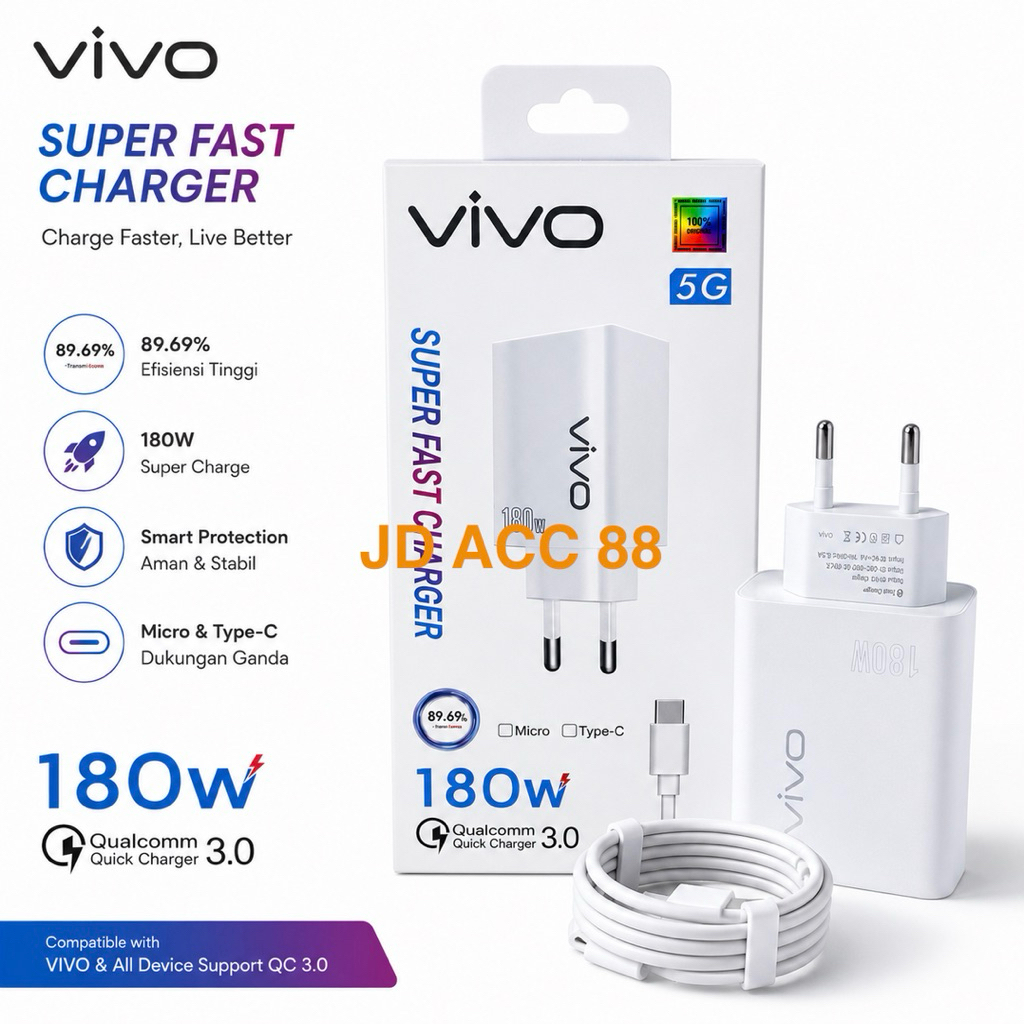 Charger Vivo 5G 180W Fast Charging Support Super Vooc Cable Micro USB - Type C Premium Carger