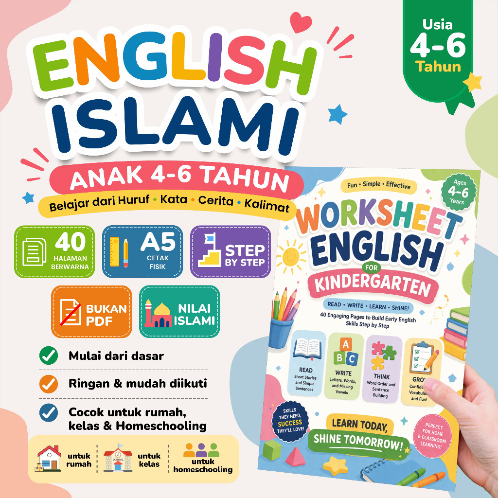 Worksheet English Islami Anak 4-6 Tahun - Bahasa Inggris Dasar TK A TK B A5 Cetak Fisik