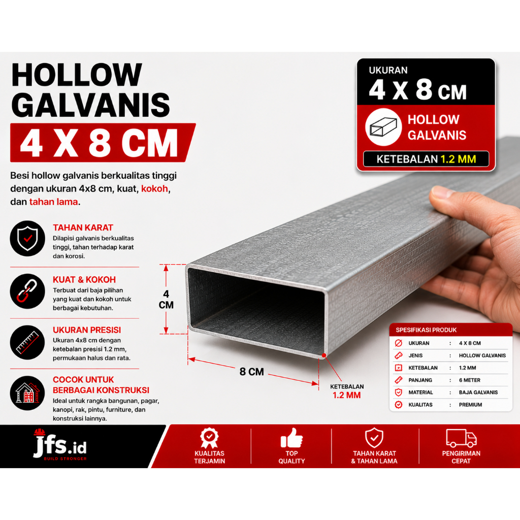 Besi Hollow Galvanis 4x8 cm Ecer | Ketebalan 1,2 mm | Holo Galvanis