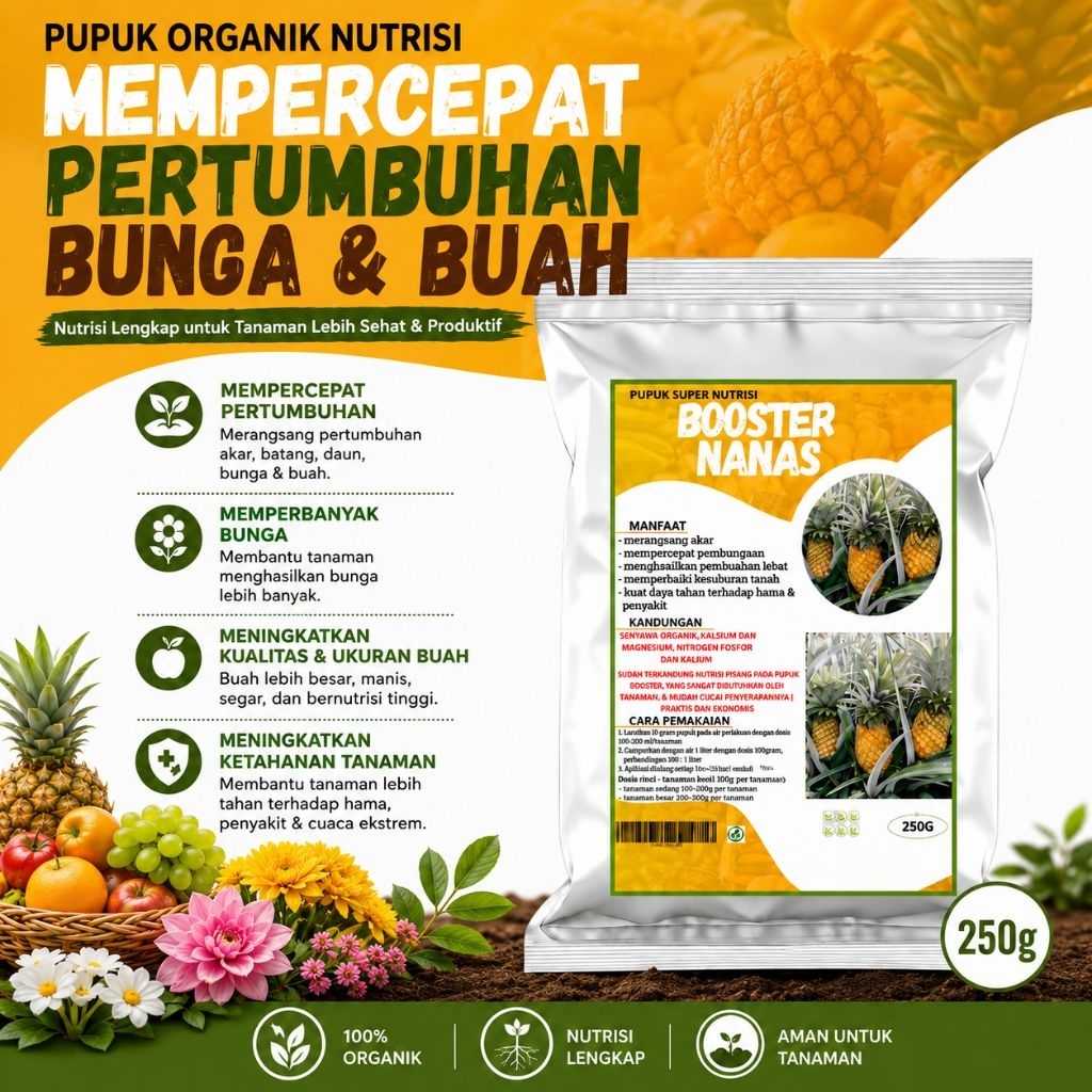 Pupuk Booster buah nanas pelebat buah ,perangsang pembuahan lebat |nutrisi organik_250gram