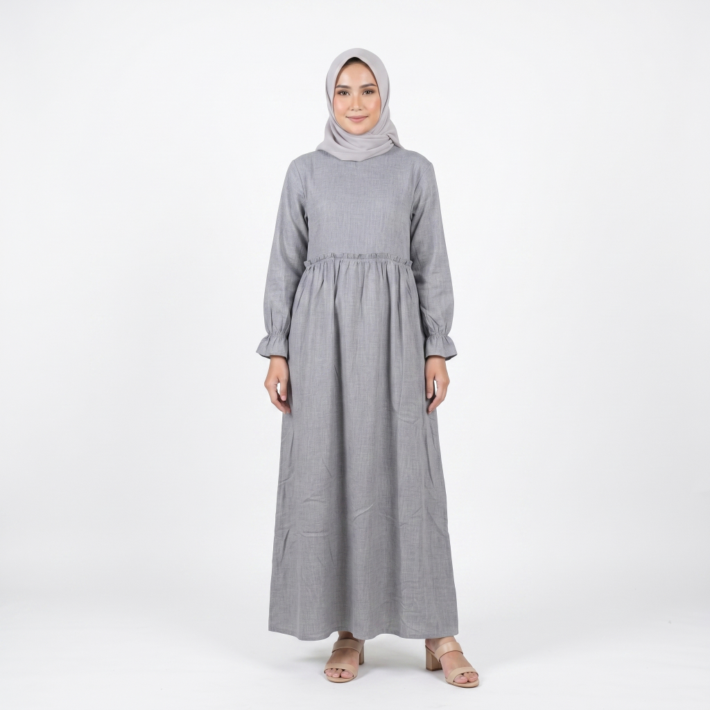 Gamis Katun Adem Motif Polos Wanita Muslimah Abu - GAMIS POLOS ABU 4