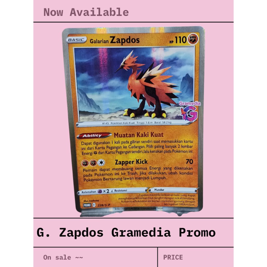 kartu pokemon promo holo foil R Galarian Zapdos Gramedia