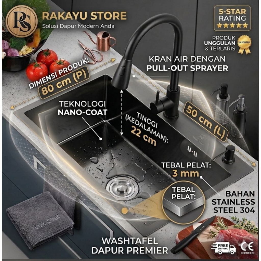 PAKET LENGKAP KITCHEN SINK 8050 BLACK JKM LENGKAP KRAN/ BAK CUCI PIRING HITAM MODEL ONAN KOMPLIT KRA