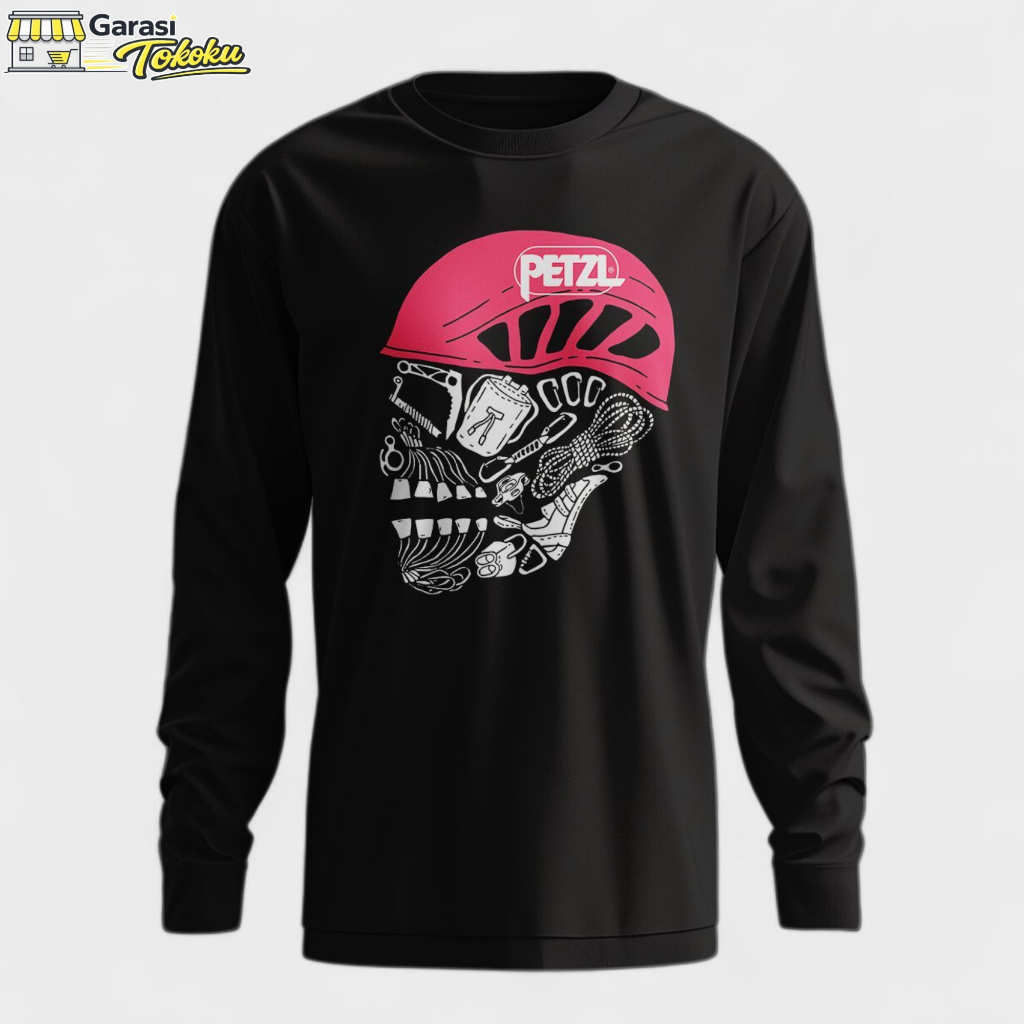 Kaos Lengan Panjang PETZL Skull Gear | Baju Atasan Mendaki Gunung Unisex cotton combed Premium DTF