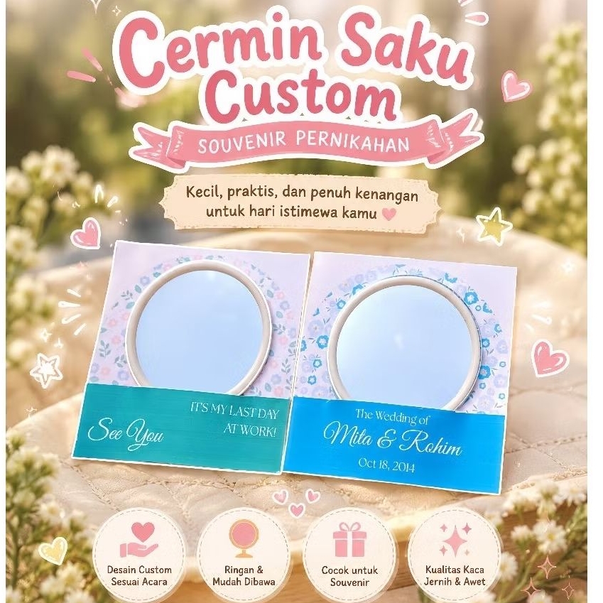 Souvenir Cermin Bulat Kaca Make Up Mini Custom Mini Gift Wedding Pernikahan / Wisuda / Resign Perpis