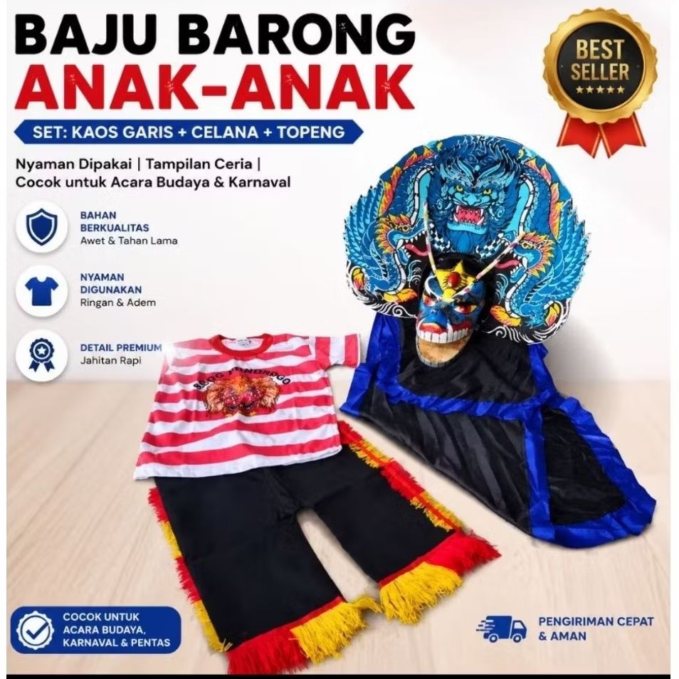 Setelan Anak Jaranan Barong Reog Anak Lengkap | Topeng Reog Ponorogo Mini | Kostum Pentas Sekolah