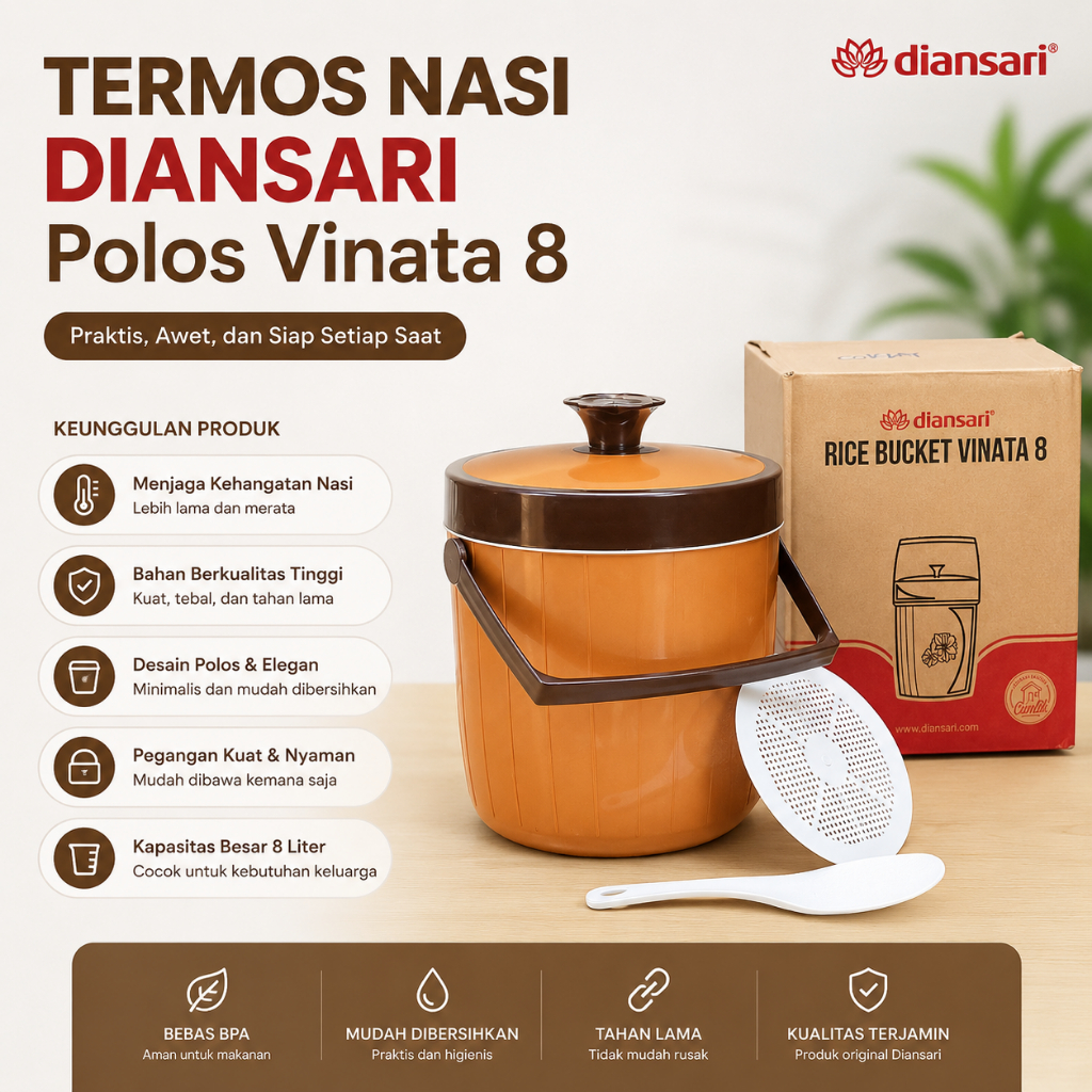 Termos Tempat Nasi Diansari Rice Bucket Polos Vinata 8 – Wadah Nasi Plastik dengan Tutup