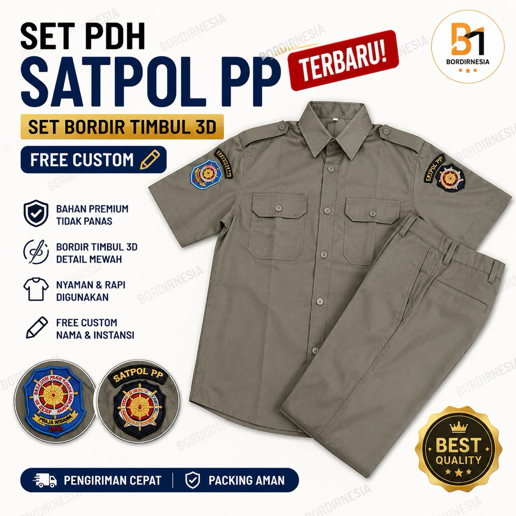 STELAN PDH SATPOL PP BAHAN LUIZZI PANJANG PENDEK + ATRIBUT TIMBUL