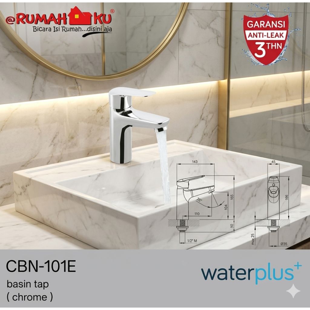 waterplus / Water plus keran wastafel panas dingin Basin Mixer w/ Lever Pop-up | MBN-101E
