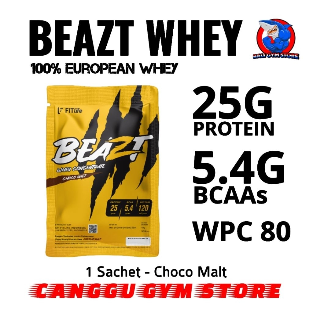 Fitlife BEAZT Whey 1 Sachet WPC 80 Susu Tinggi Protein Mendukung Pertumbuhan dan Pemulihan Otot