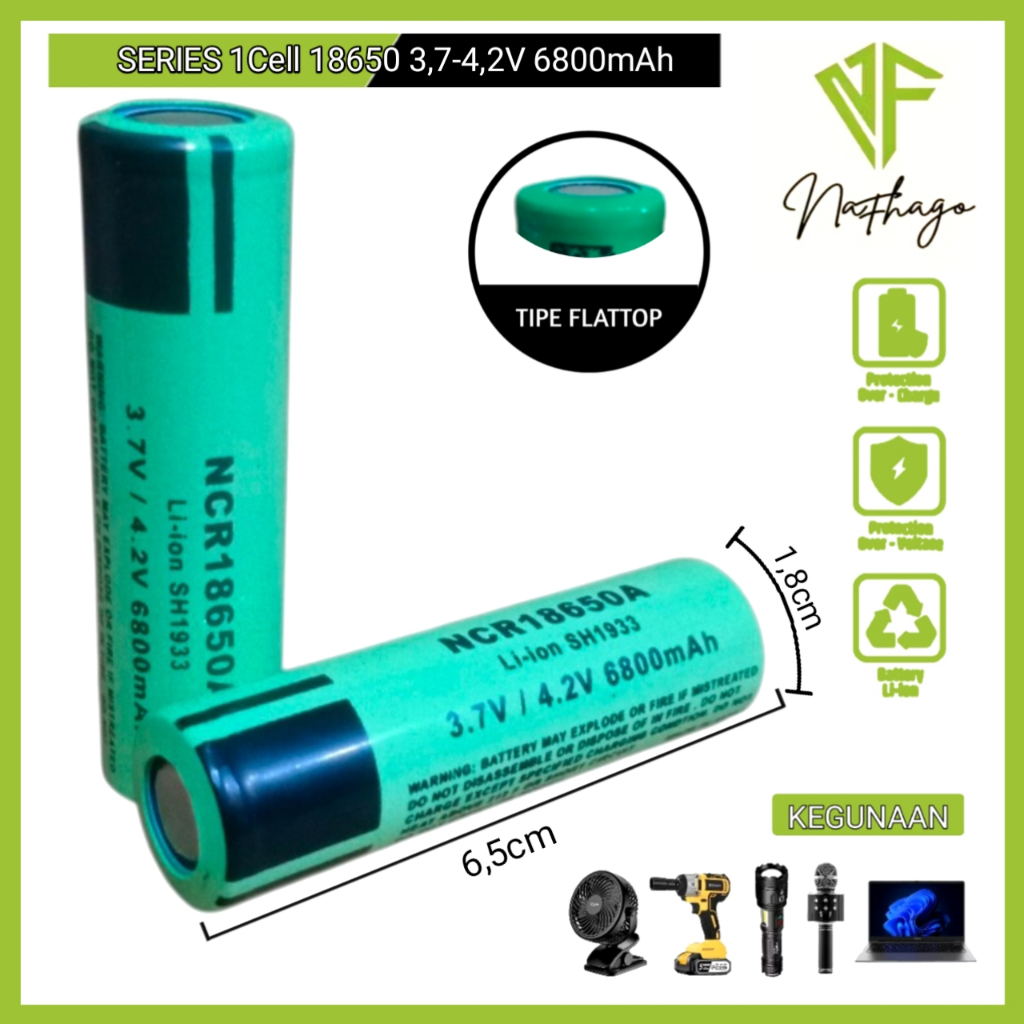 Baterai Charger Atau Baterai Cas Li-ion 18650 Hijau Muda NCR 3,7Volt-4.2Volt 6800mAh Isi 2 pcs