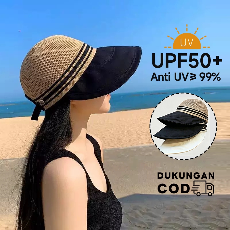 Topi Umroh Topi Pantai Wanita Berhijab Topi Anti UV Pantai Casual Outdoor Lebar Lipat Gesper Masker 