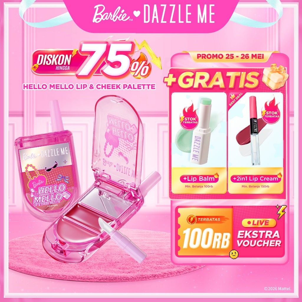 Barbie X Dazzle Me Hello Mello Lip & Cheek Palette 2In1 Multi Fungsi Perona Pipi Blush Dan Bibir