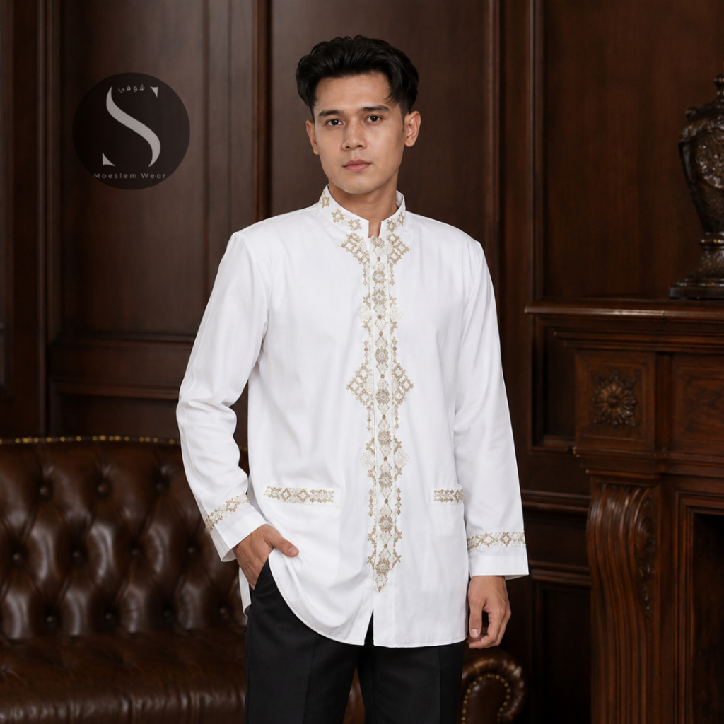 Baju Jas Koko Jasko Pria Bordir Katun Twill Premium Putih Lengan Panjang Full Puring Elegan