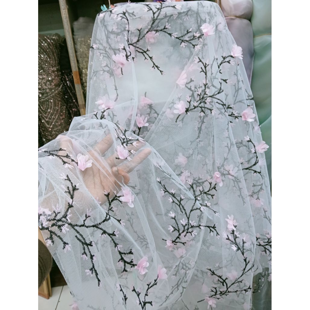 bahan/kain tile bordir bunga sakura 3D/kain dress