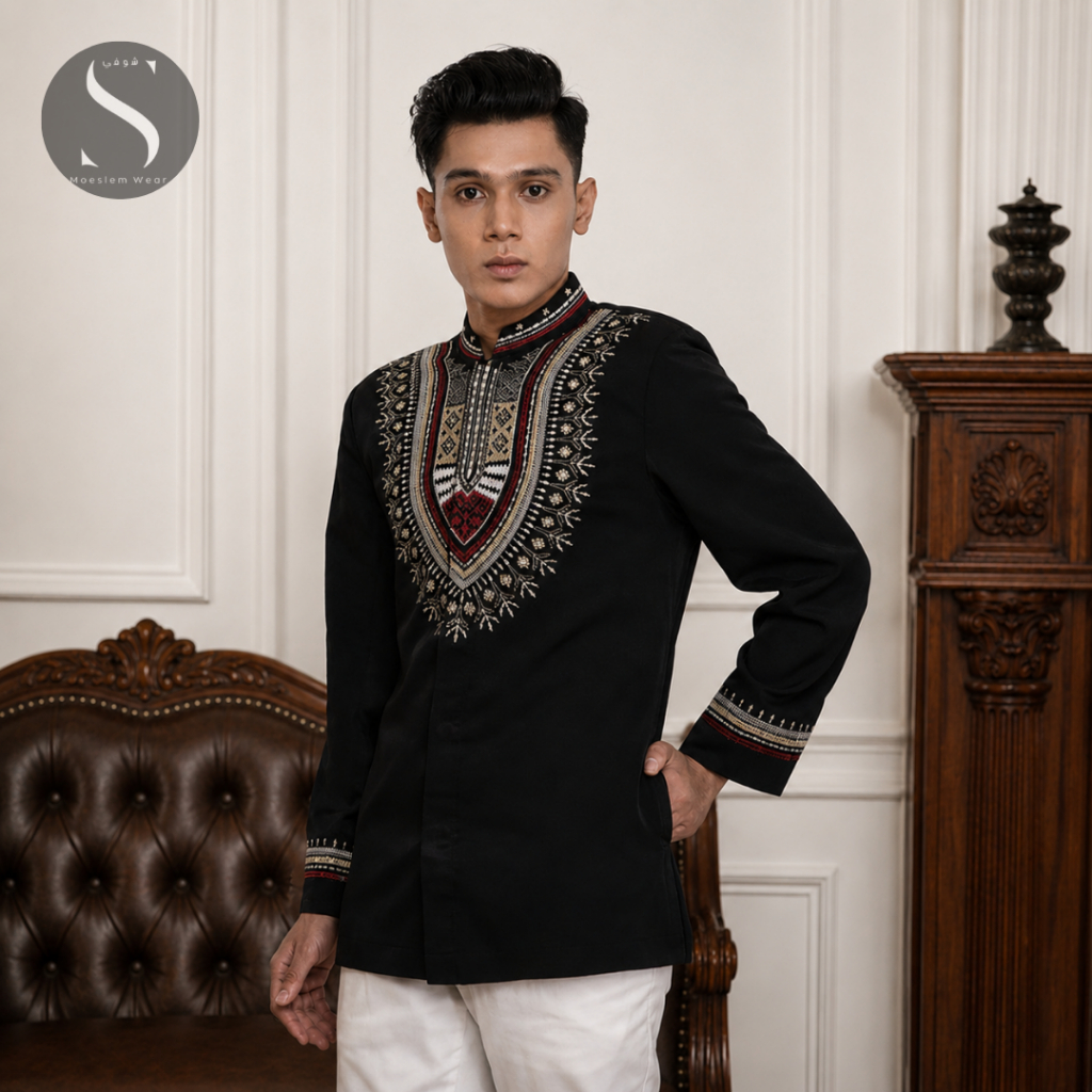 Jas Koko Bordir Salafy Pria Muslim Premium Katun Twill Mewah Hitam Modern