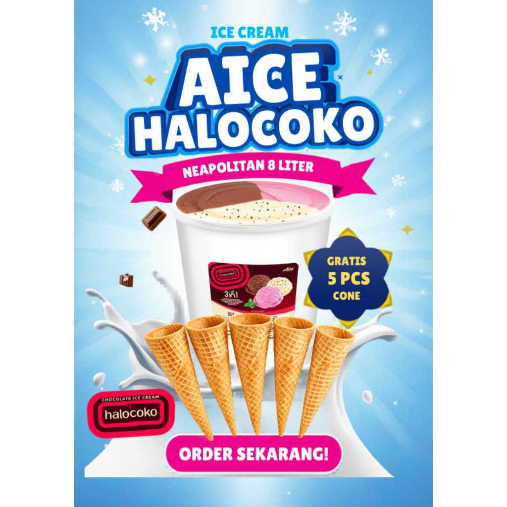 Ice Cream Aice 3 Rasa Size 8 Liter + Gratis Cone waffle 5 pcs