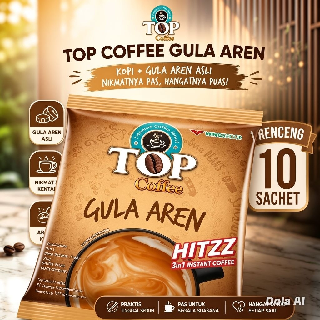 TOP Coffee Gula Aren Hitz 3 in 1 Sachet – Kopi Instan Gula Aren Asli 1 Renceng Isi 10 Sachet