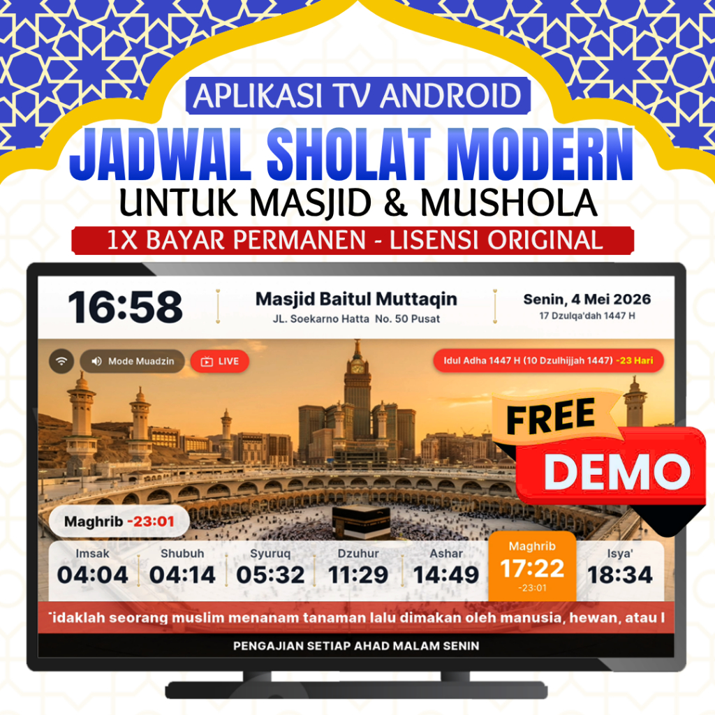 Lisensi Software Jam Waktu Sholat TV Masjid & Mushola Bebas Berlangganan - Jam Jadwal Sholat TV Digi